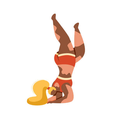 An African American woman with vitiligo in a red tank top and shorts tumbles or works out.Vector illustration isolated on white background.のイラスト素材