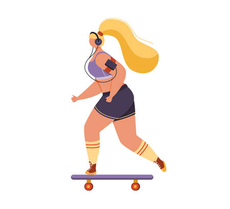 Beautiful young woman skateboarding and listening music.のイラスト素材