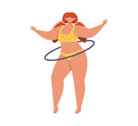 A young woman in a yellow swimsuit spins a hoop.のイラスト素材
