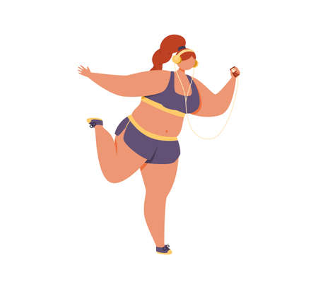 A young plus size girl exercises to music in headphones.のイラスト素材