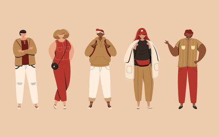 Set of young diverse men and women standing together in fashionable clothes.のイラスト素材