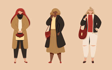 Set of young women standing together in trendy clothes.のイラスト素材