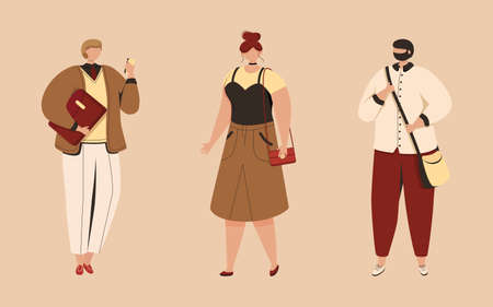 Illustration pour Set of young diverse people standing together in fashionable clothes. - image libre de droit