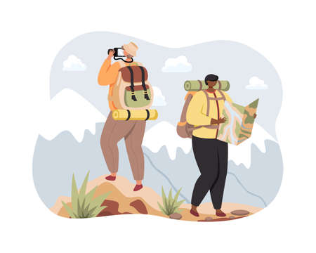 Hiking tourists with large backpacks in the background of a mountain landscape.のイラスト素材