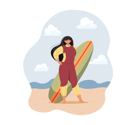 Beautiful female surfer in wetsuit holding surfboard on the beach.のイラスト素材