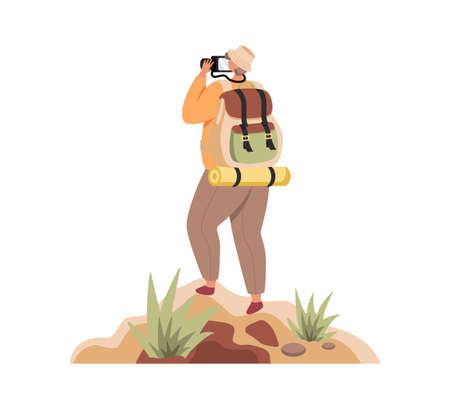 Traveller with backpack standing on top of mountain and looking through camera.のイラスト素材