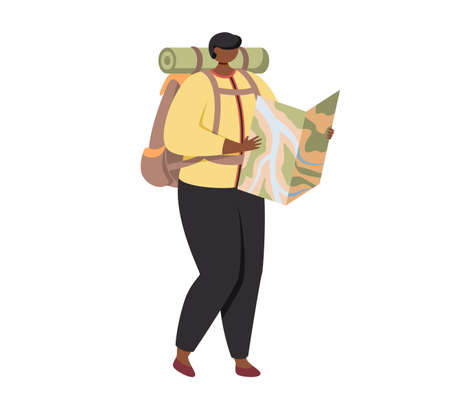 Hiker looking for route in map isolated on white background.Flat vector illustration.のイラスト素材