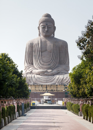 The tiny chipmunk has run out on a path in front of The Giant Buddha Statue in Bodhgaya, Bihar, India. The statue is 25 m or 82 ft high in meditation pose or dhyana mudra seated on a lotus in open air. Located near Mahabodhi Temple.のeditorial素材