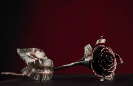 The fine rose with a dark-red blossom in light on the dark-red background, lies on black surface.の写真素材