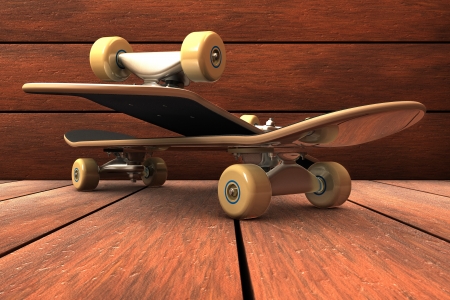 Skateboard composition on wood backgroundの写真素材