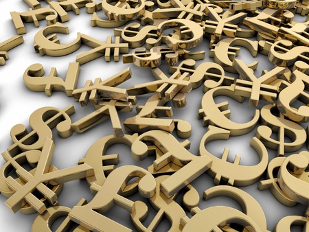 Dollar, euro, pound, and yan symbols scattered randomlyの写真素材
