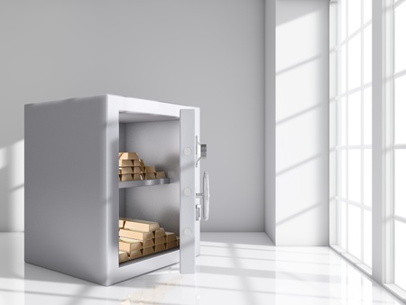 Safe room near to a window full of gold barsの写真素材