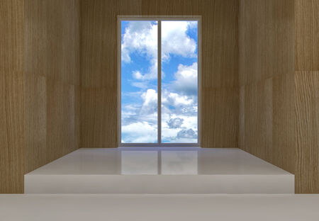 Room with wooden walls and white floor and clouds view on windowの写真素材