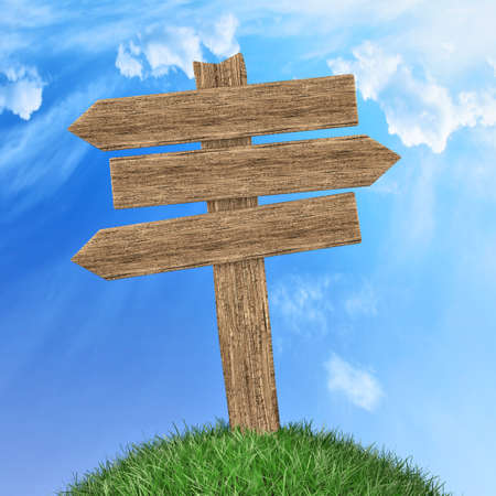 Wooden sign in grass park or garden 3d illustration