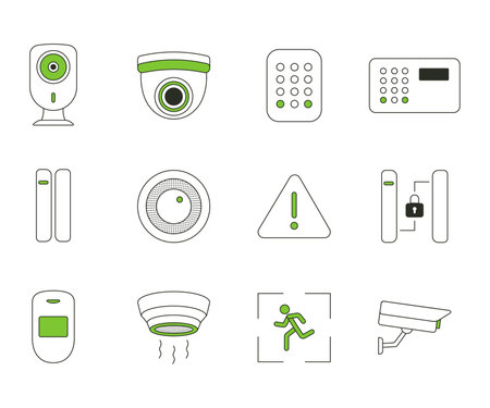 Set of Icons Security systems for smart home. CCTV cameras, opening sensor, motion sensor, smoke and fire sensorのイラスト素材
