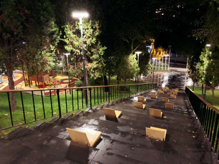 Lanterns shine in a green park at night. The benches are on the stairsの写真素材