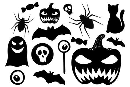 Collection of vector black and white silhouettes for the holiday Halloweenのイラスト素材