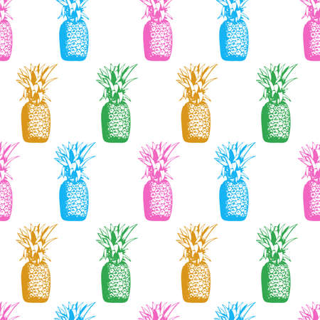 Vector pattern of multicolored sketching pineapples on a white backgroundのイラスト素材