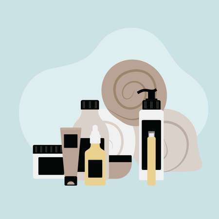 Vector graphics of cosmetics for hair and towels on a light background. Hair careのイラスト素材