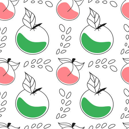 Seamless vector linear contour pattern of apples and peachesのイラスト素材