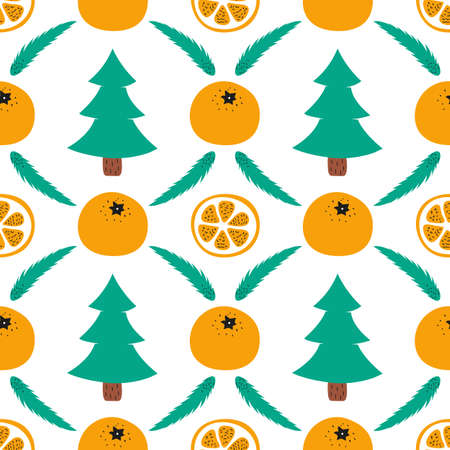 New Year's seamless bright pattern with tangerines, Christmas tree and Christmas tree branch on a white backgroundのイラスト素材