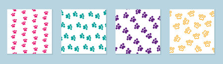 Set of four seamless multicolored cat paw patterns