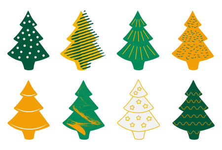 Set of isolated colorful Christmas trees with patterns on a white backgroundのイラスト素材
