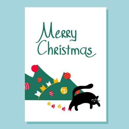 Illustration of a black cat knocked over a decorated Christmas tree. Christmas white card with lettering Merry Christmas on a blue background.のイラスト素材
