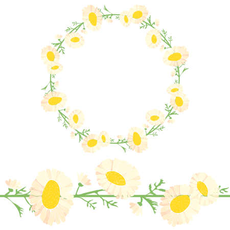 Detailed contour wreath with white daisies with green leaves isolated on white. Round frame for your design, greeting cards, wedding announcements, posters. Seamless pattern brush.のイラスト素材