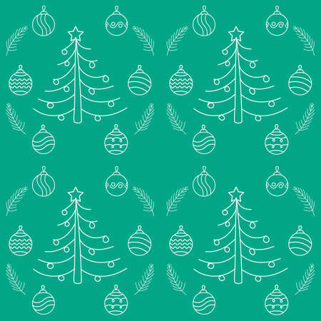 Seamless New Year contour pattern with a Christmas tree, branches and Christmas toys on a green background.の写真素材