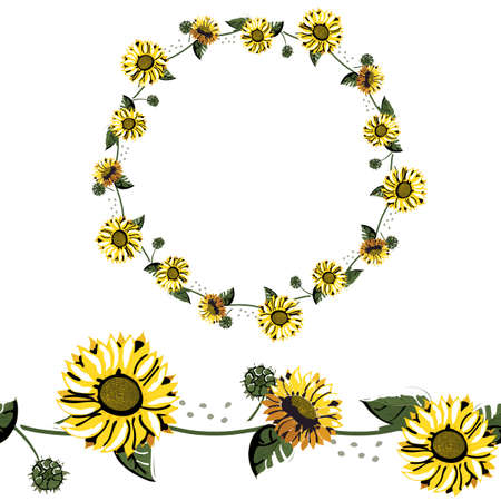 Detailed contour wreath with yellow sunflowers with green leaves isolated on white. Round frame for your design, greeting cards, wedding announcements, posters. Seamless pattern brush.のイラスト素材