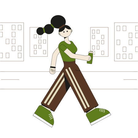 Vector illustration of hyperbolic sport girl character. A girl in sportswear walks around the city