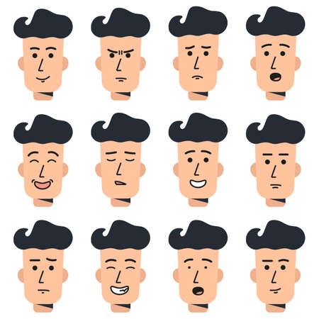 Collection of emotions of a young male brunette in the front. Vector emoji character. illustration flat styleのイラスト素材