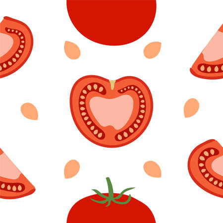 Seamless vector kitchen pattern of red tomatoes and tomato slices.のイラスト素材
