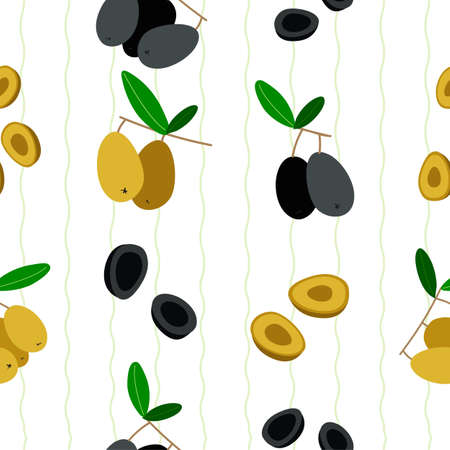 Seamless vector pattern with black and green olives and stripes. Olives on the branches and in the cut.のイラスト素材