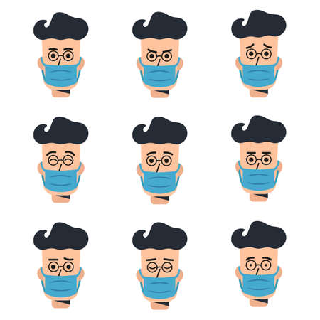 Collection of vector emotions of a man behind a mask. Doctor's head with different mood. character avatarのイラスト素材