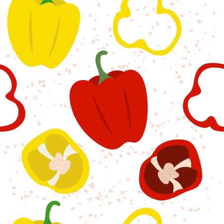 Pattern with red and yellow peppers with slices. Seamless vector pattern with vegetables.のイラスト素材