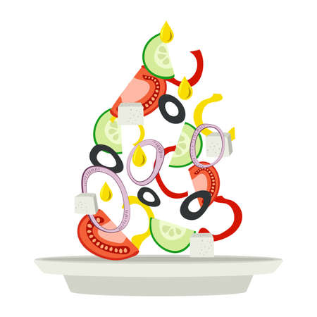 Vector illustration of Greek salad recipe. Salad ingredients fall into a white plate. Vegetables, cheese, olive oil.のイラスト素材