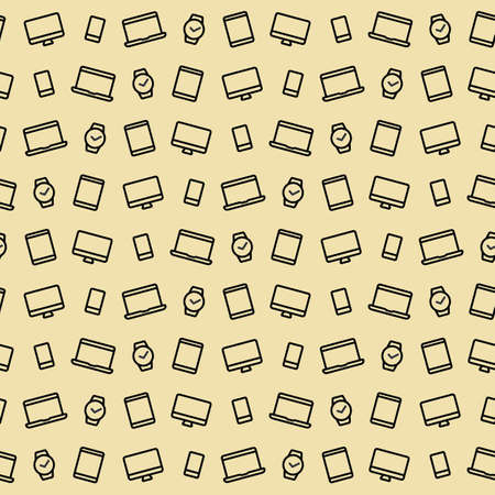 Seamless vector pattern technique on a beige background. Contour icons of laptop, monitor, phone, smart watch. Vector illustrationのイラスト素材