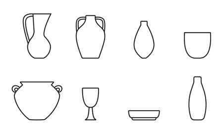 Collection of contour icons of ceramic utensils - jugs, plate, bowl. Pottery Collection. Vector.のイラスト素材