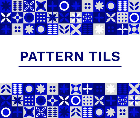 Geometric simple pattern in blue colors with inscription. A collection of tiles. Vector illustrationのイラスト素材