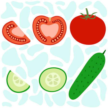 Illustration of vegetables - red tomato and green cucumber. A whole vegetable, pieces of tomato and cucumber. Flat illustration. Vector illustrationのイラスト素材