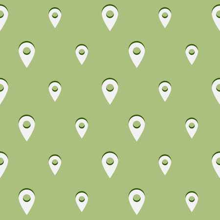 Seamless pattern with symbol white labels on the map on a light green background. Simple symmetrical pattern. Map pins. Vector illustrationのイラスト素材