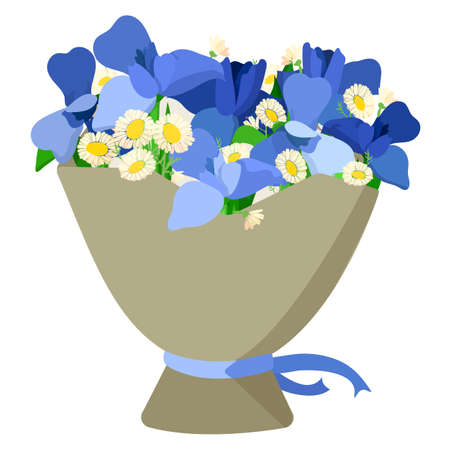 Illustration of a bouquet of flowers - white daisies and blue iris in craft paper with a blue ribbon. Vector illustrationのイラスト素材