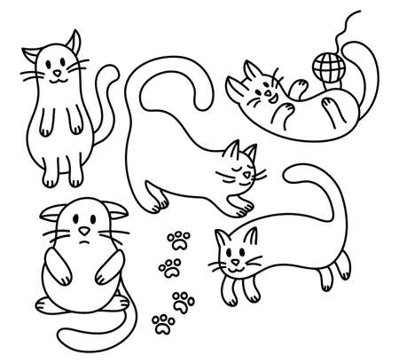 Collection of vector stickers of cute black contour of cats. Vector illustrationのイラスト素材