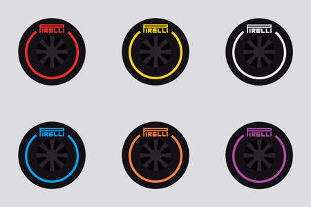 A collection of Pirelli insulated wheels from racing. Different types of tires - soft, medium, hard. Vector illustrationのイラスト素材