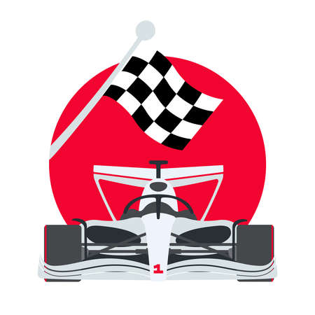 Illustration of a white car with a checkered flag on the background of a red circle. Finish of the race. Vector illustrationのイラスト素材