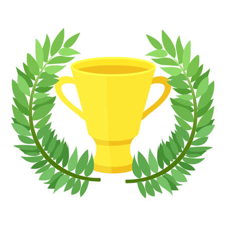 Illustration of an isolated gold cup and a laurel wreath. Race win. Vector illustrationのイラスト素材