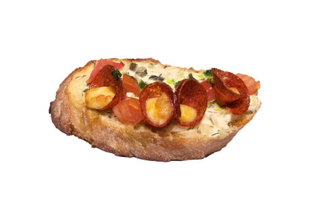 Ciabatta Toast Bread With pepperoni For Breakfast. Top View Isolated. High quality photoの写真素材