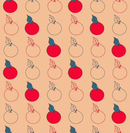 Seamless pattern of red and contour apples. Fruit pattern on an orange background. Vector...